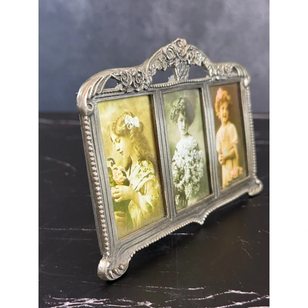 Vintage Papel‎ 90s Floral Pewter Baroque Frame Holds 3 Wallet Photos 1.5